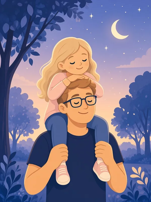 Illustration of a dad carrying his daughter on his shoulders in a moonlit park